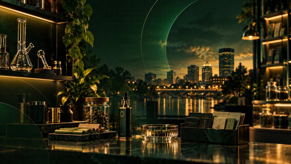 A refined EP Smoke retail scene with glass, accessories and a cinematic Dayton backdrop